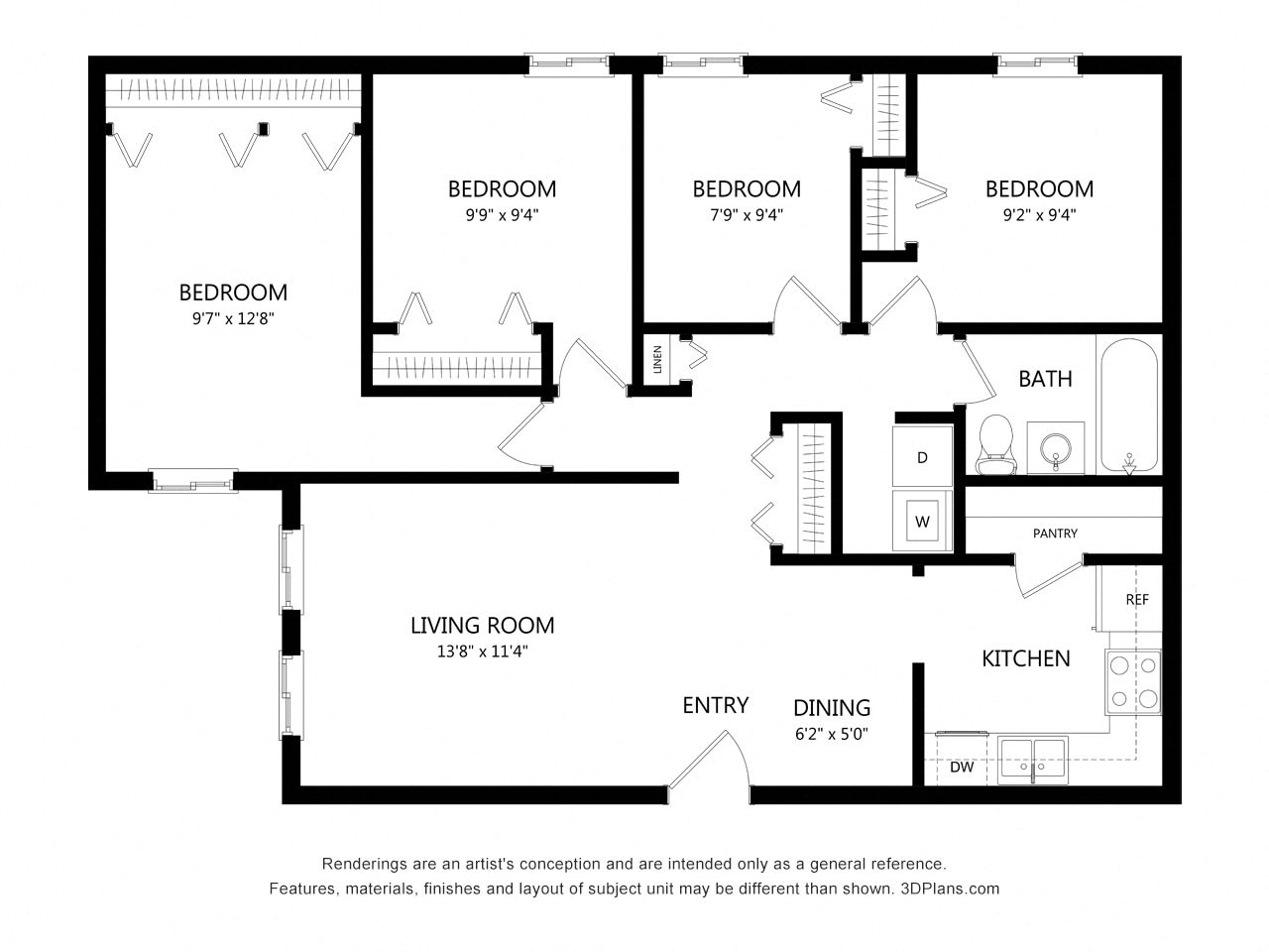 Floor plan for 4 beds, 1.5 baths, 1040 sqft